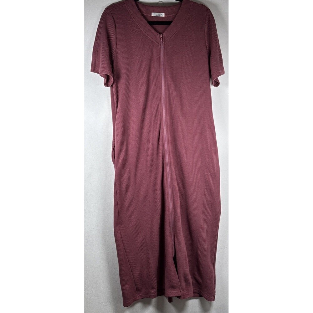 Ekouaer Women’s Waffle Knit Lounge Sleep Dress Pink Zip Front Maxi Nightgown L